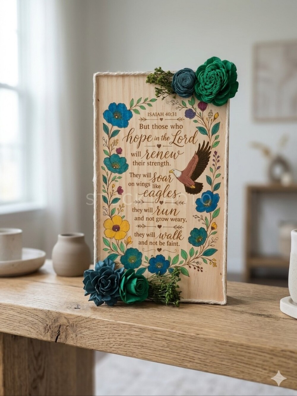 Floral Scripture NWT Wood Sign with Blue & Green Flowers